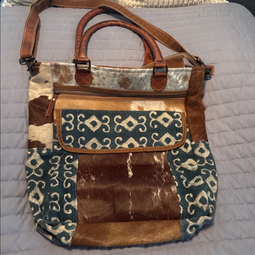 Boho Chic Tote with leather, Patterned Fabric, 3 different faux fur patterns